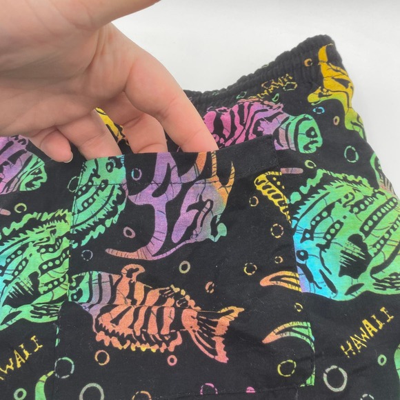 Vintage Sea Waves Swim Shorts Black w/ Rainbow Fish Hawaii Spellout Pattern - Picture 5 of 7